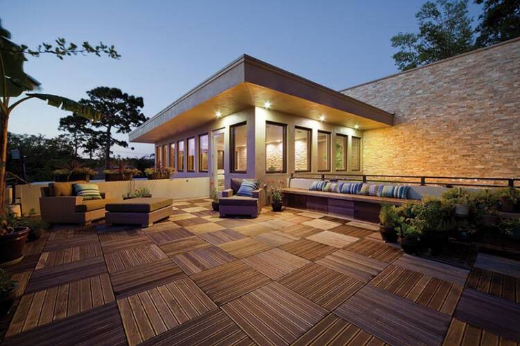 Cozy Parquet Wood Tile Rooftop Deck