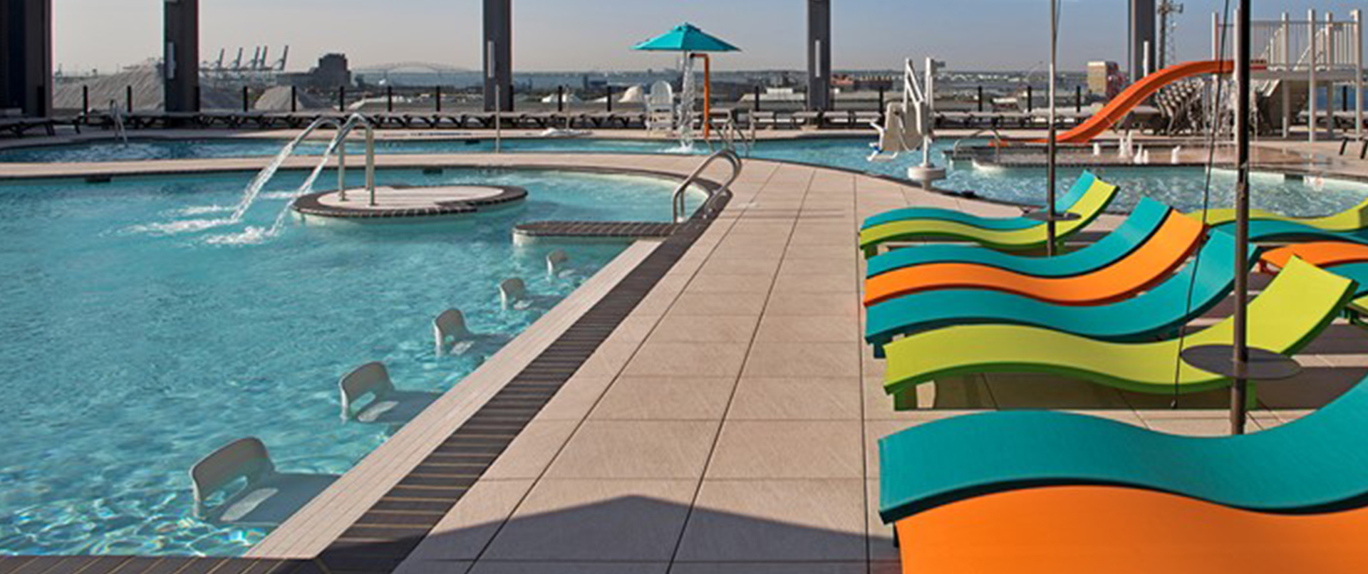Rooftop Swimming Area with Bright Decor