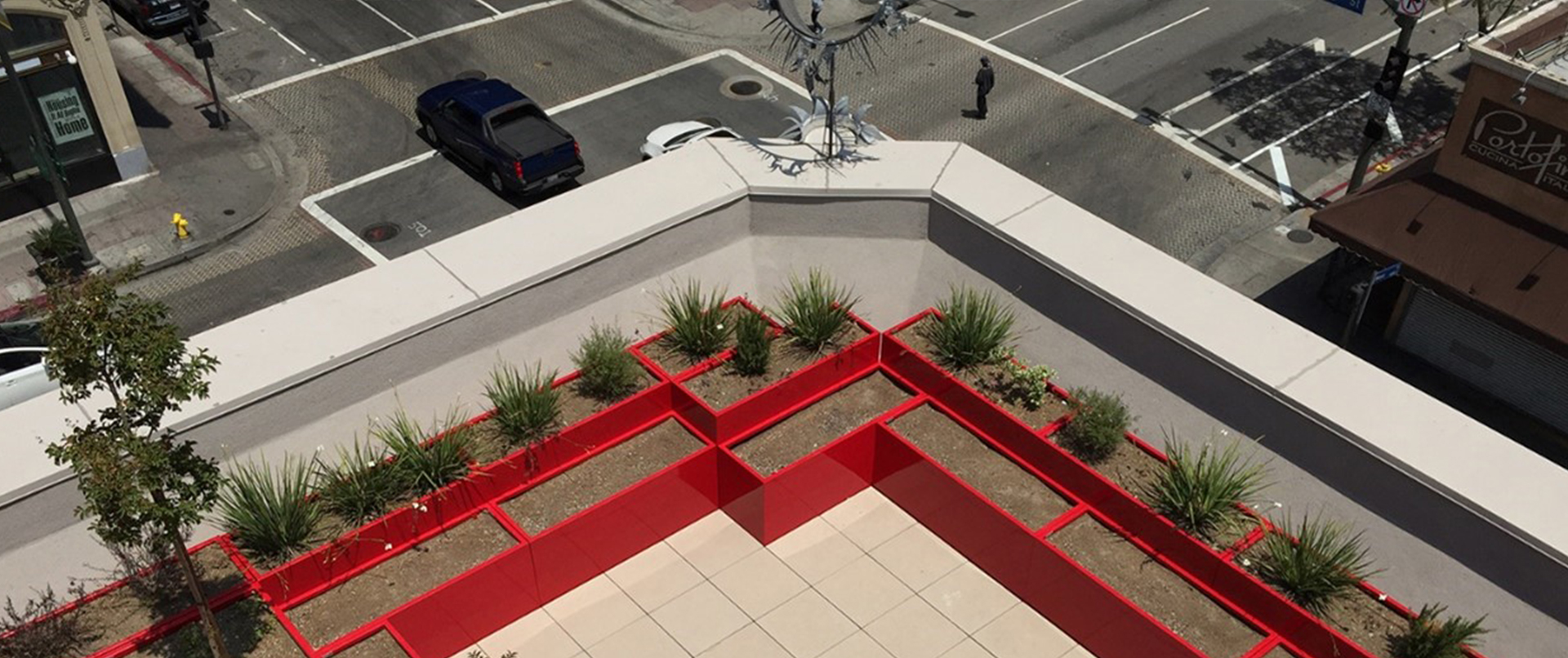 Aerial View Rooftop with Bright Red Aluminum Cube Planters